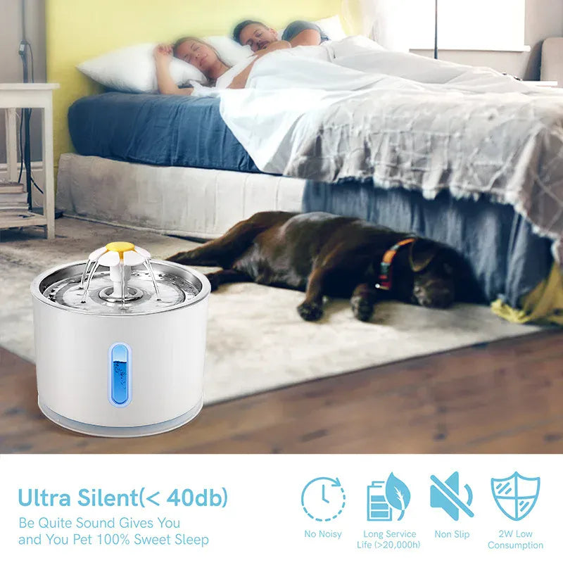 automatic pet water fountain LED next to a sleeping dog and a couple in bed.