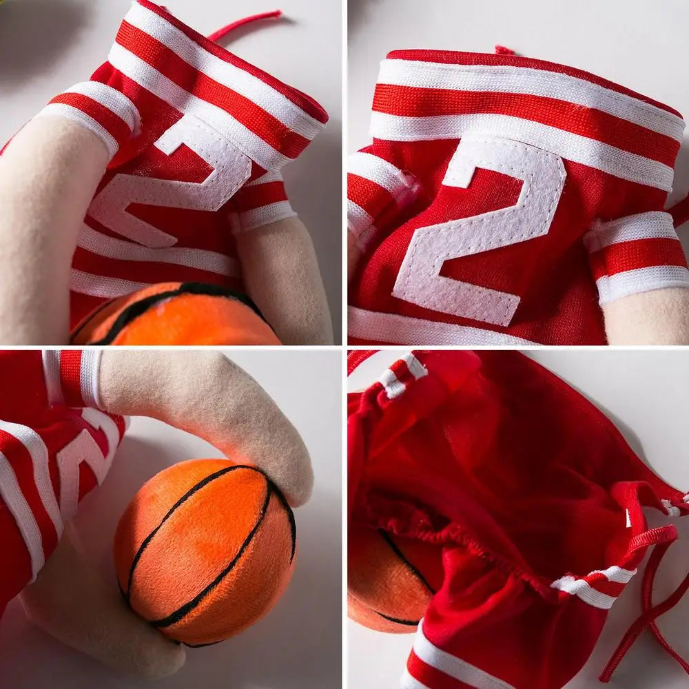 Close-up of dog baskJ costume showing jersey with number 2 and basketball accessory for pet dress-up.