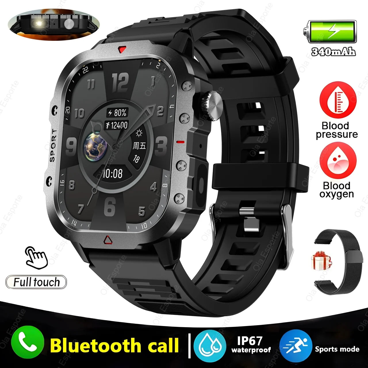 New For Huawei Xiaomi Military GPS Smart Watch Men Flashlight Compass Waterproof