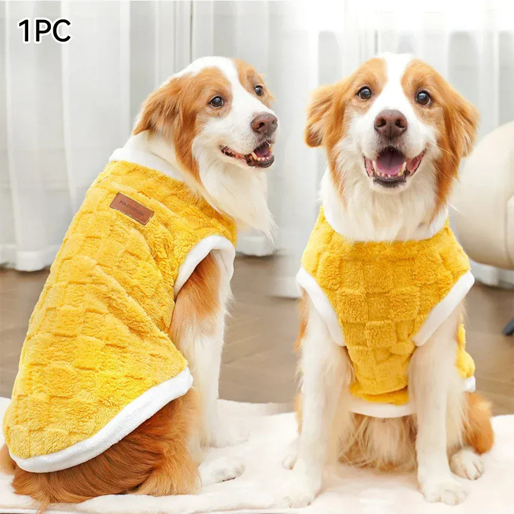 flannel dog winter warm sweater on two happy dogs, showcasing cozy and stylish design for chilly weather.