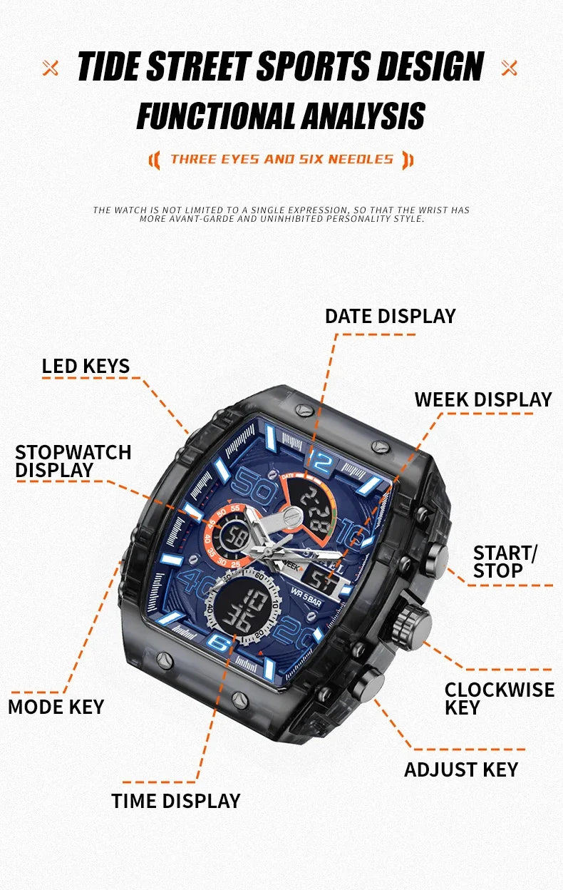 SMAEL 8109 New Men's Watch Multifunctional Sports 50M Waterproof Dual Display