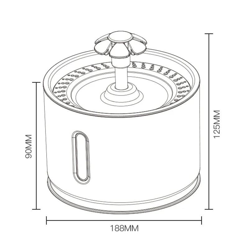 automatic pet water fountain LED dimensions and design schematic for pet hydration.