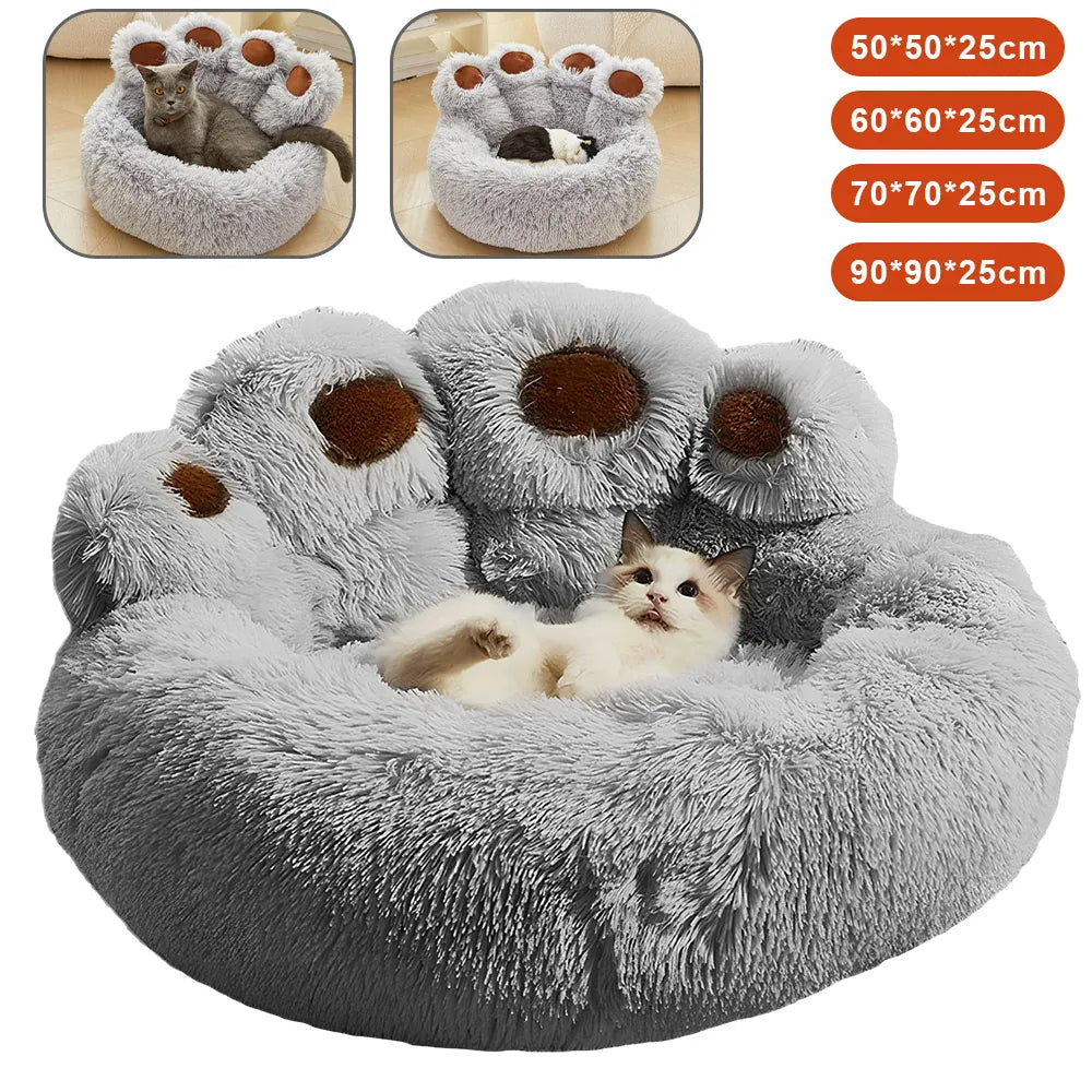 Fluffy paw-shaped pet bed with a cat inside, shown in different sizes.