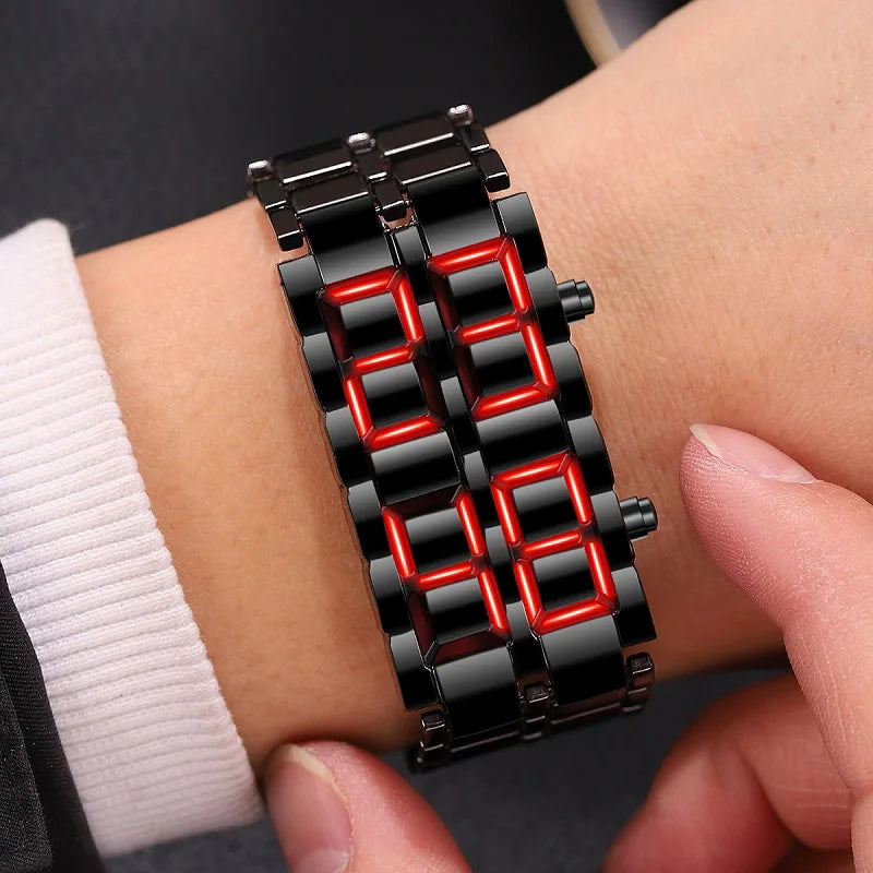 Fashion Mens Digital Lava Wrist Watch Men Black Full Metal Red Blue LED Display Watches