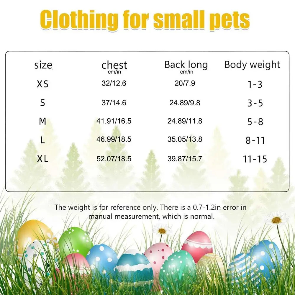 Clothing for small pets size chart including XS, S, M, L, XL measurements for chest and body weight.
