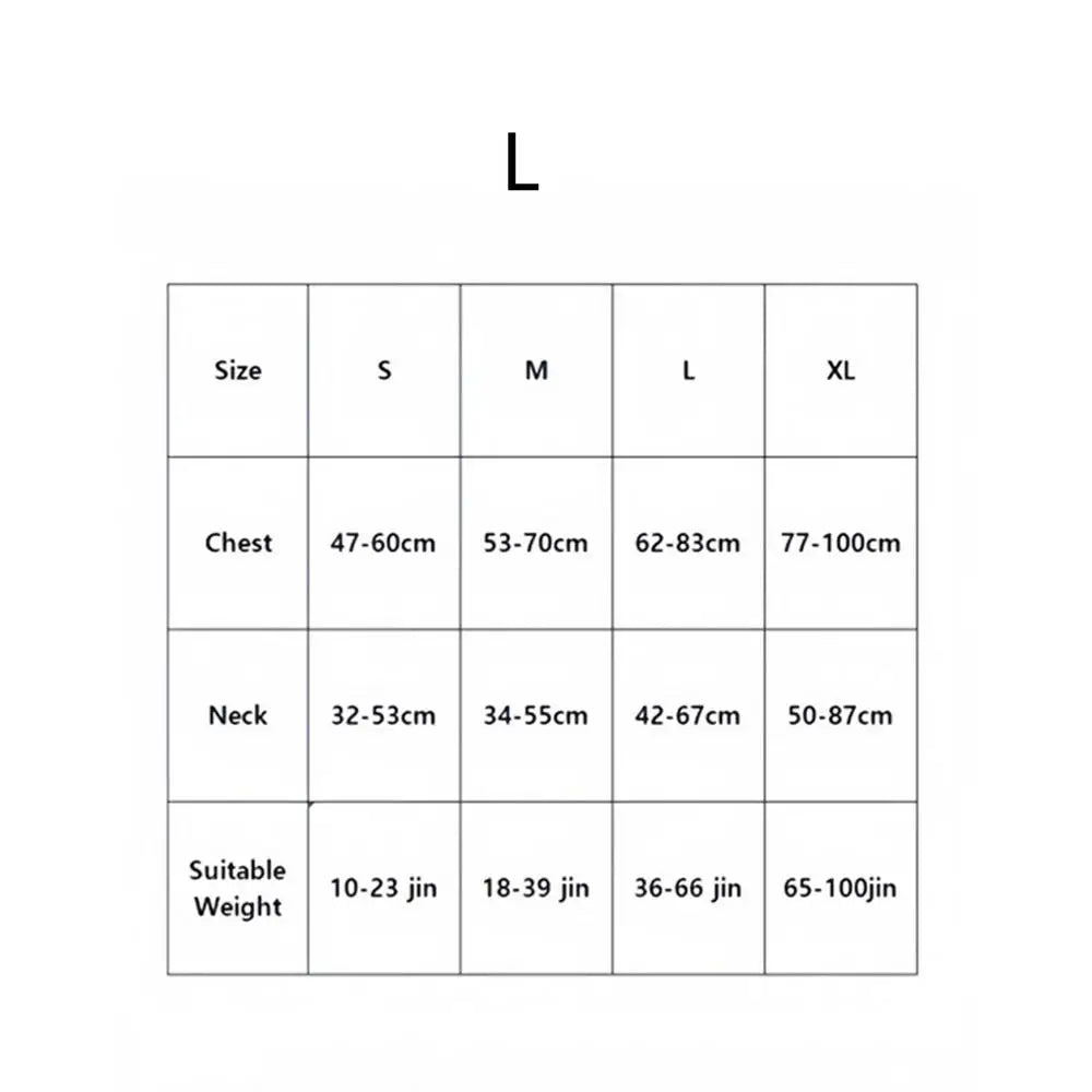 Size chart for No Pull Dog Harness Medium Fiber Training Harness Adjustable with dimensions for L size.