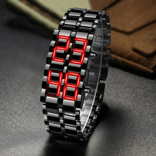 Fashion Mens Digital Lava Wrist Watch Men Black Full Metal Red Blue LED Display Watches
