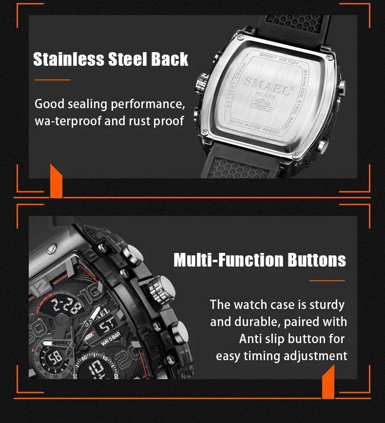 SMAEL 8109 New Men's Watch Multifunctional Sports 50M Waterproof Dual Display