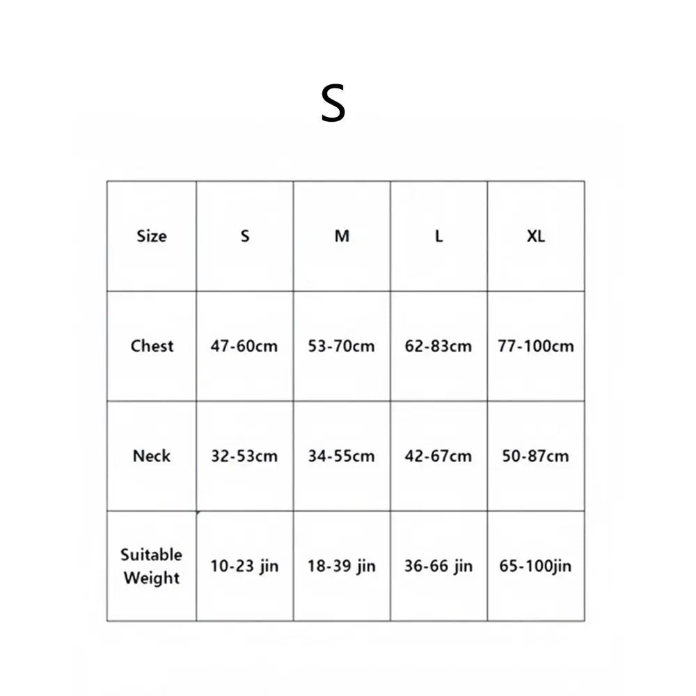 Size chart for No Pull Dog Harness Medium Fiber Training Harness Adjustable showing measurements for different sizes.