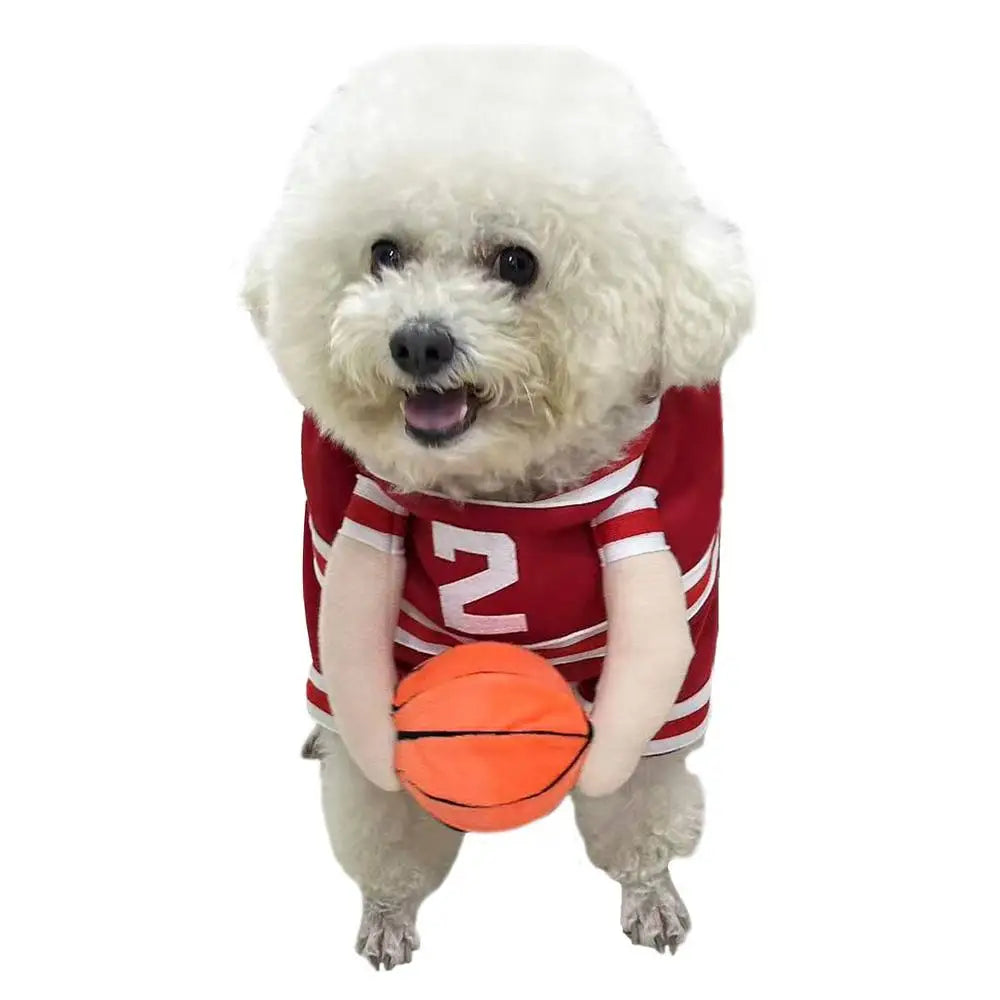 dog baskJ costume for pets featuring a fluffy dog in a red basketball jersey holding a basketball.