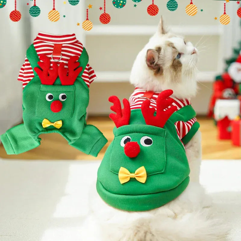 Christmas pet costume for cats featuring a green reindeer outfit with red antlers and cheerful design.