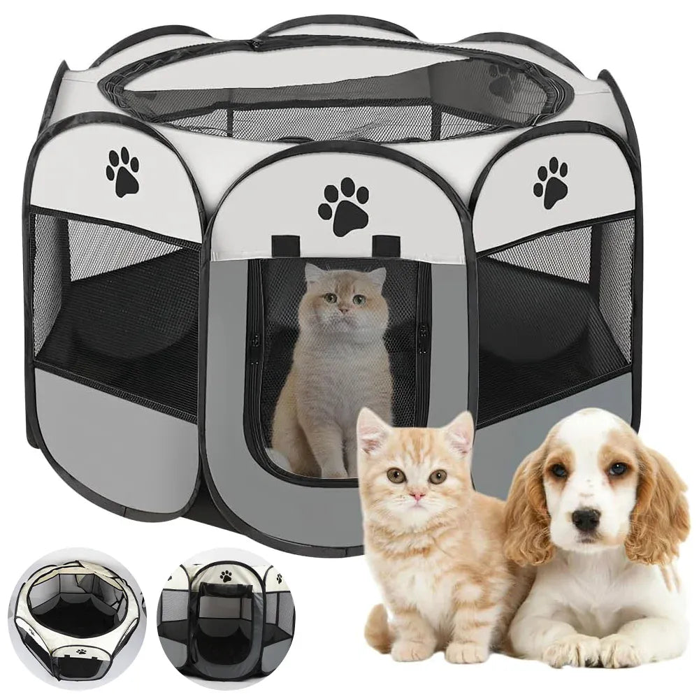 Pet playpen with paw prints, cats, and a dog in front on a white background