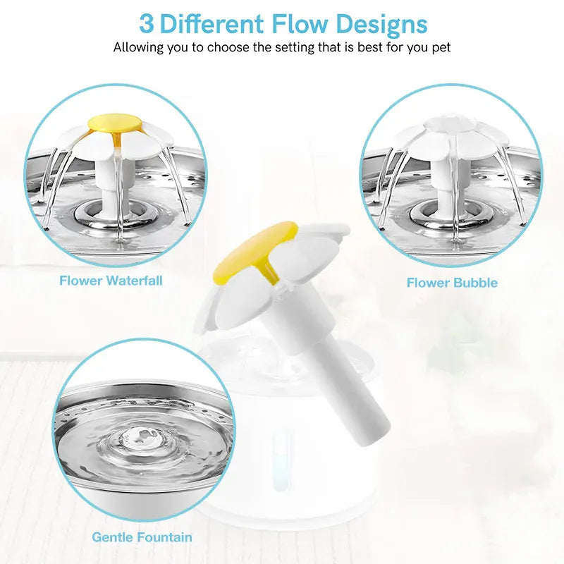 3 different flow designs of automatic pet water fountain LED: Flower Waterfall, Flower Bubble, and Gentle Fountain.