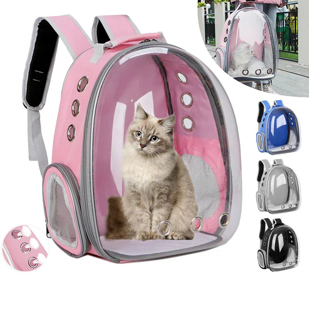 Pink pet backpack with a cat inside, shown with additional color options.