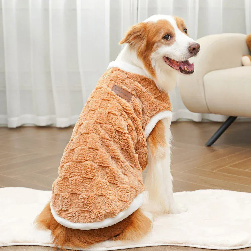 flannel dog winter warm sweater on a happy dog, showcasing cozy design and soft fabric, perfect for cold weather.