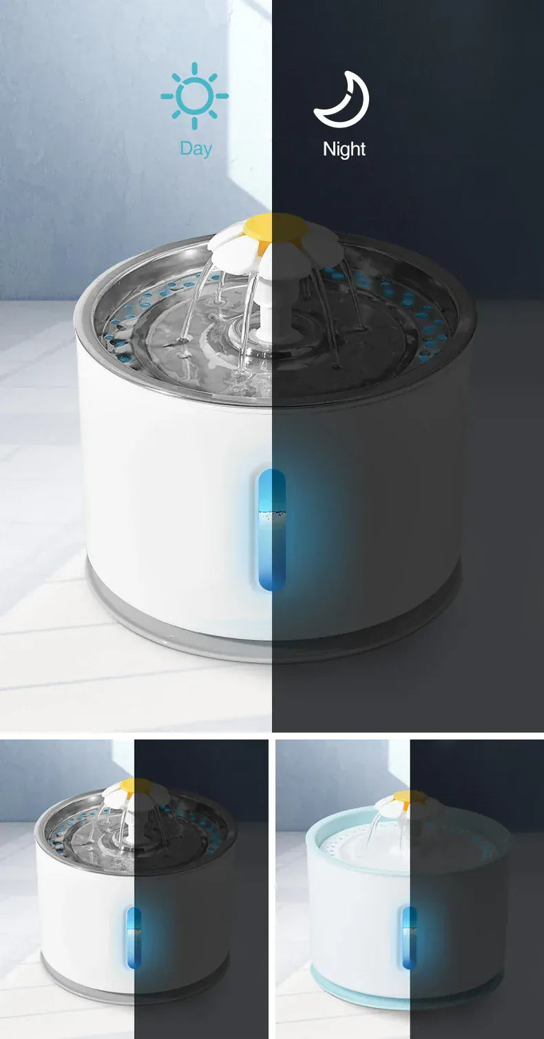 automatic pet water fountain LED with day and night settings for optimal visibility