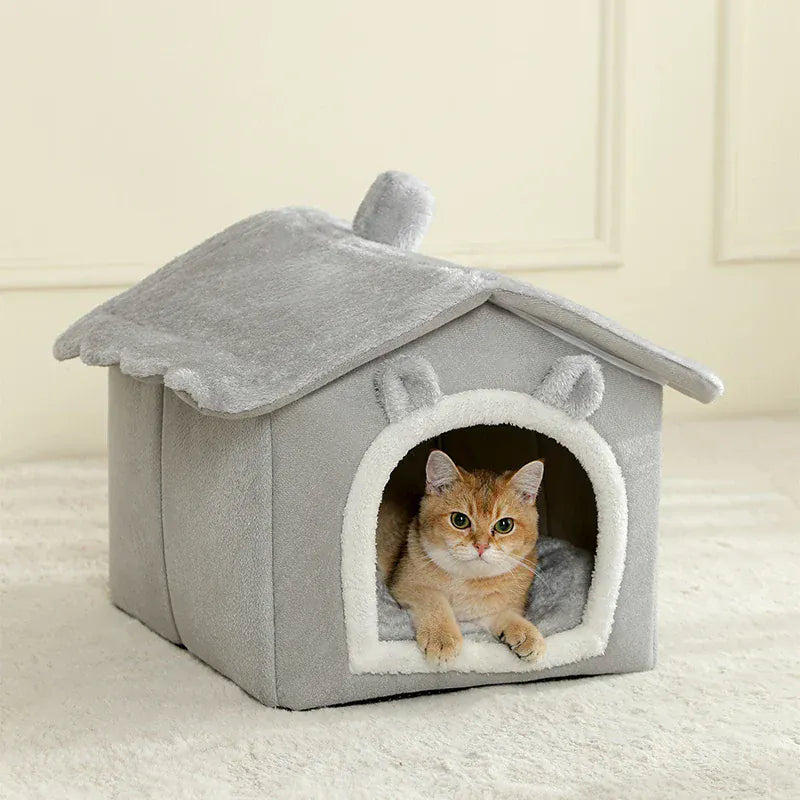 Cat inside a gray pet house on a light background