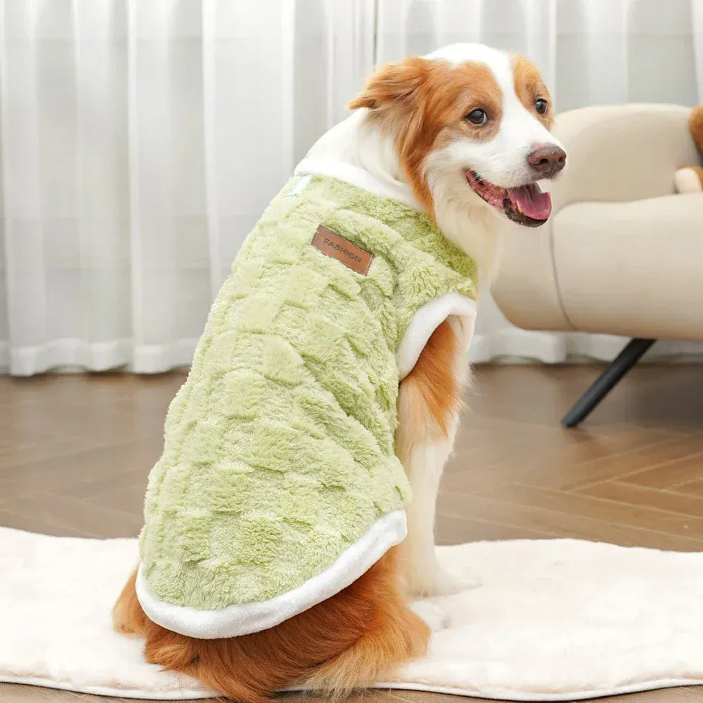 flannel dog winter warm sweater on a happy dog in a cozy indoor setting, highlighting comfort and style.