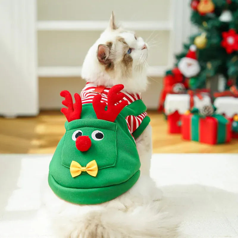 Christmas pet costume for cats featuring a playful reindeer design with antlers and bow tie.