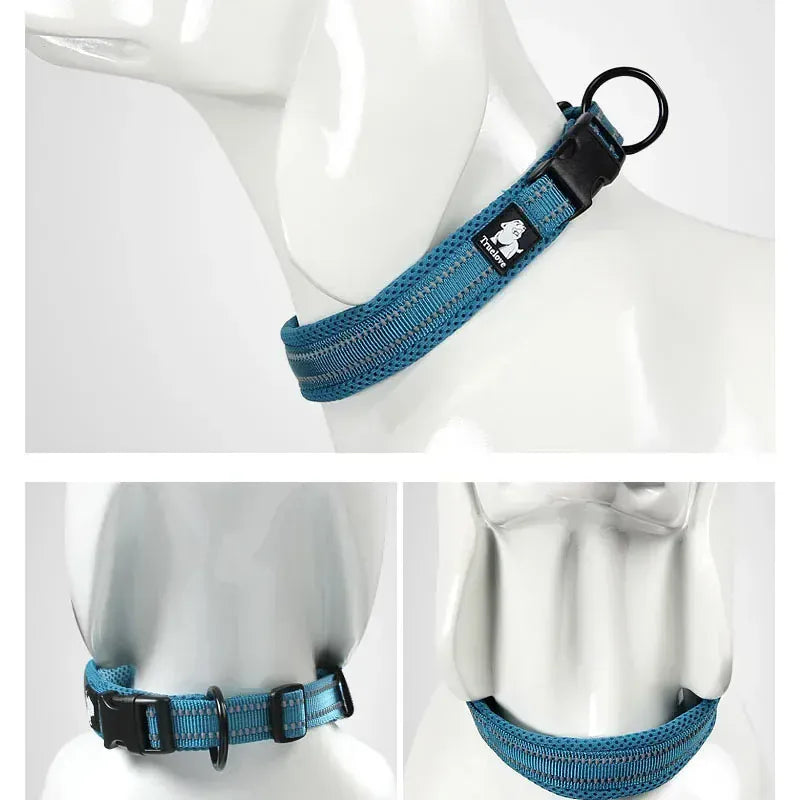 Reflective Dog Collar Padded Nylon 3M Reflective Breakaway in blue on a mannequin showcasing its secure design and comfort.