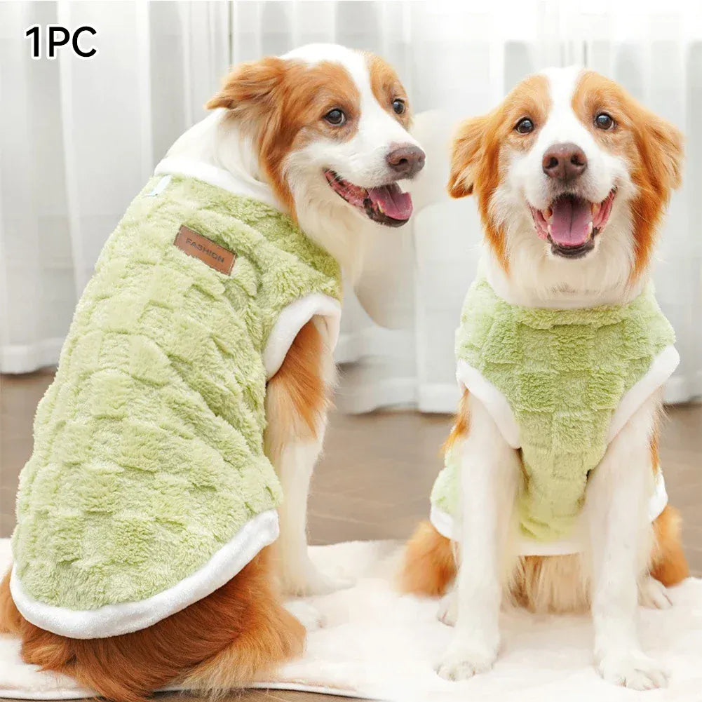 flannel dog winter warm sweater on two happy dogs in a cozy home setting