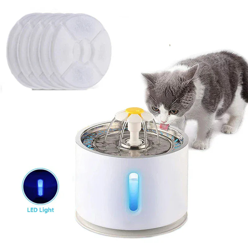 automatic pet water fountain LED with a cat drinking and LED light indicator