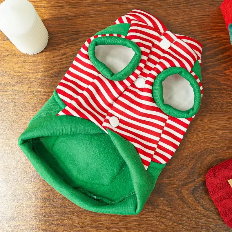 Christmas pet costume for cats in festive red and green design, perfect for holiday celebrations.