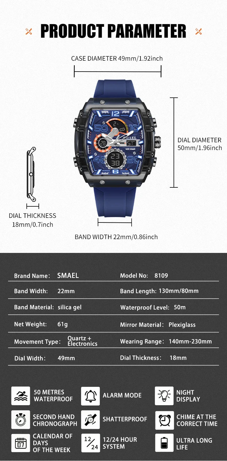 SMAEL 8109 New Men's Watch Multifunctional Sports 50M Waterproof Dual Display