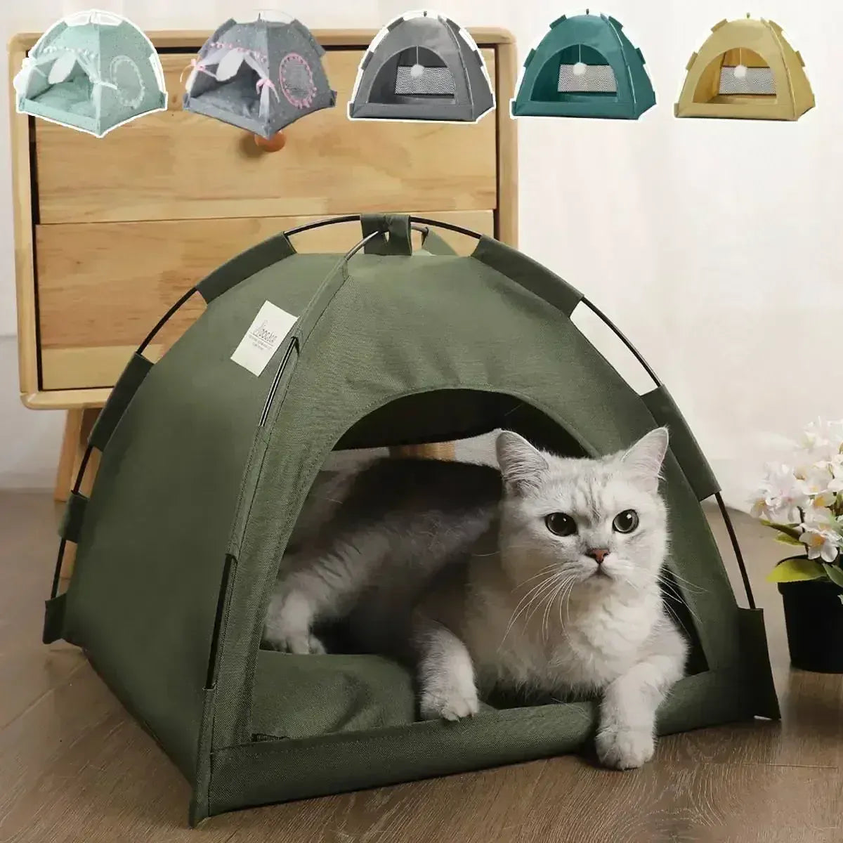 Cat inside a green pet tent with additional pet tents displayed above on a wooden surface.