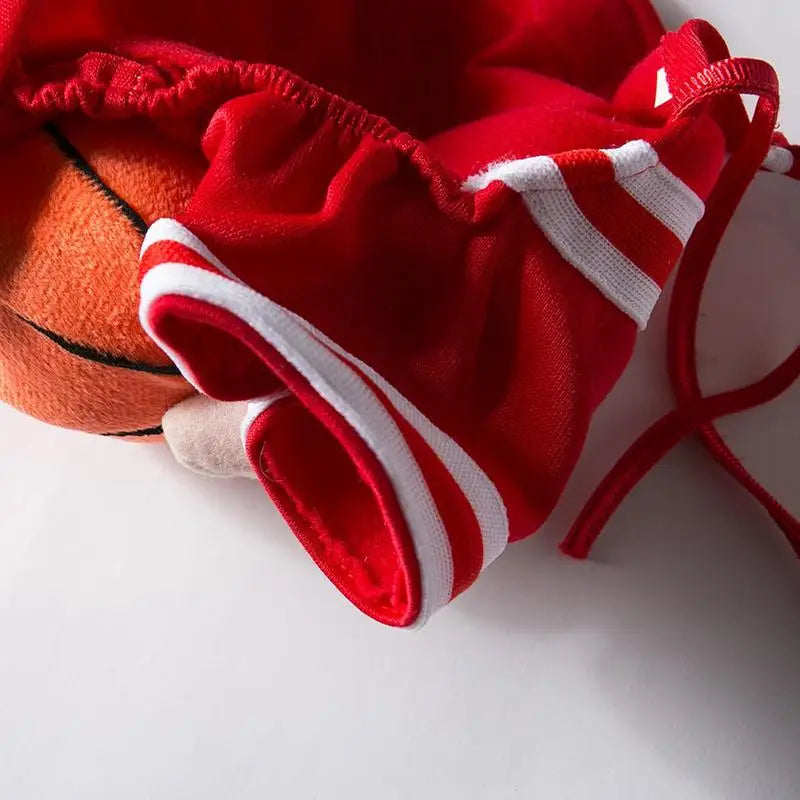 Close-up of the stylish red Dog Basketball Costume with soft silk fabric for dog baskJ.