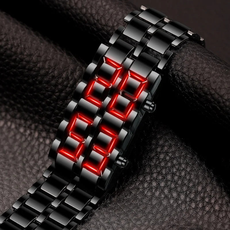 Fashion Mens Digital Lava Wrist Watch Men Black Full Metal Red Blue LED Display Watches
