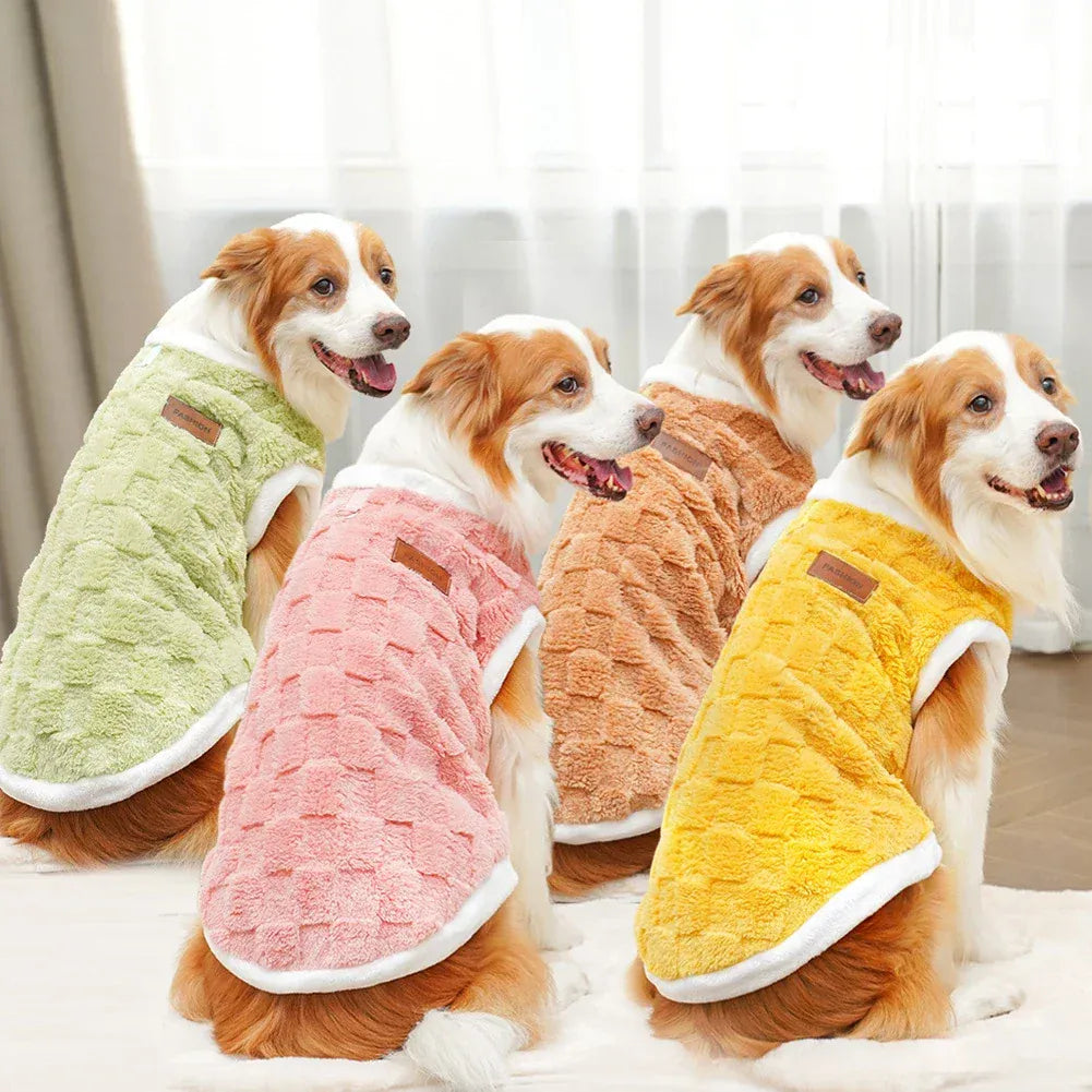 flannel dog winter warm sweater in four colors worn by happy dogs, cozy and stylish for colder weather.