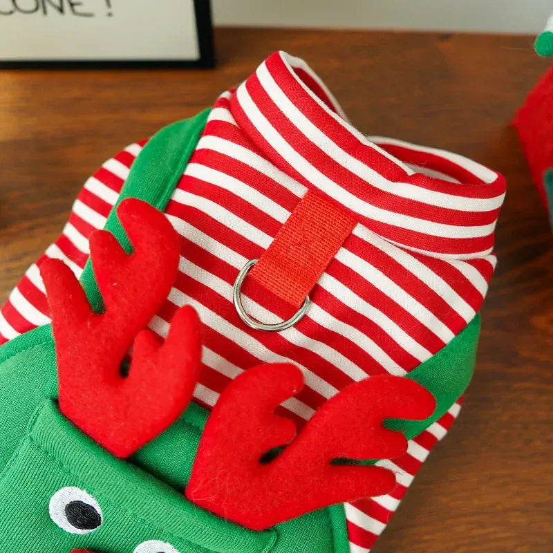Christmas pet costume for cats featuring a red striped design and reindeer antlers for a festive look.