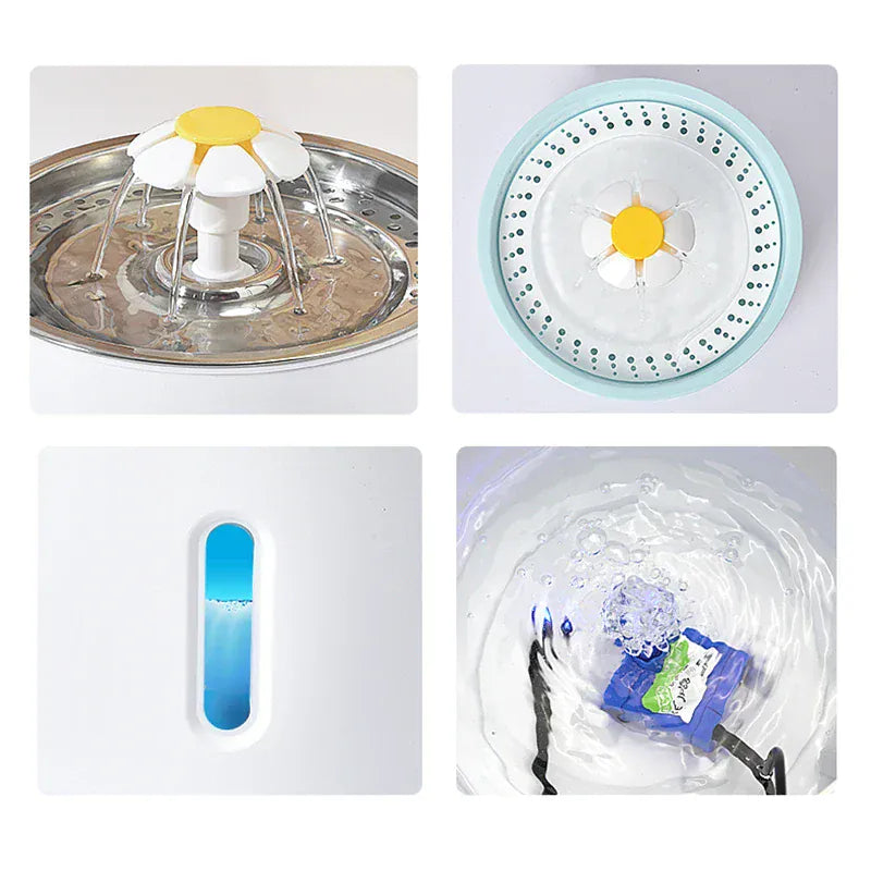 automatic pet water fountain LED showing different components and water flow features.