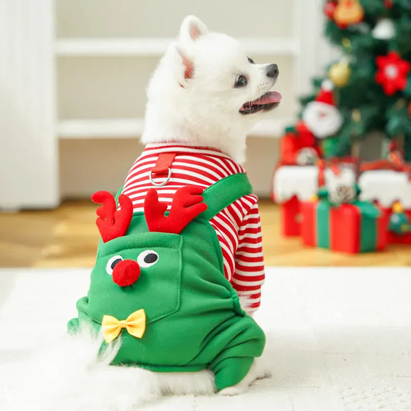 Christmas pet costume for cats featuring a cute dog in a reindeer outfit with red stripes and festive accessories.