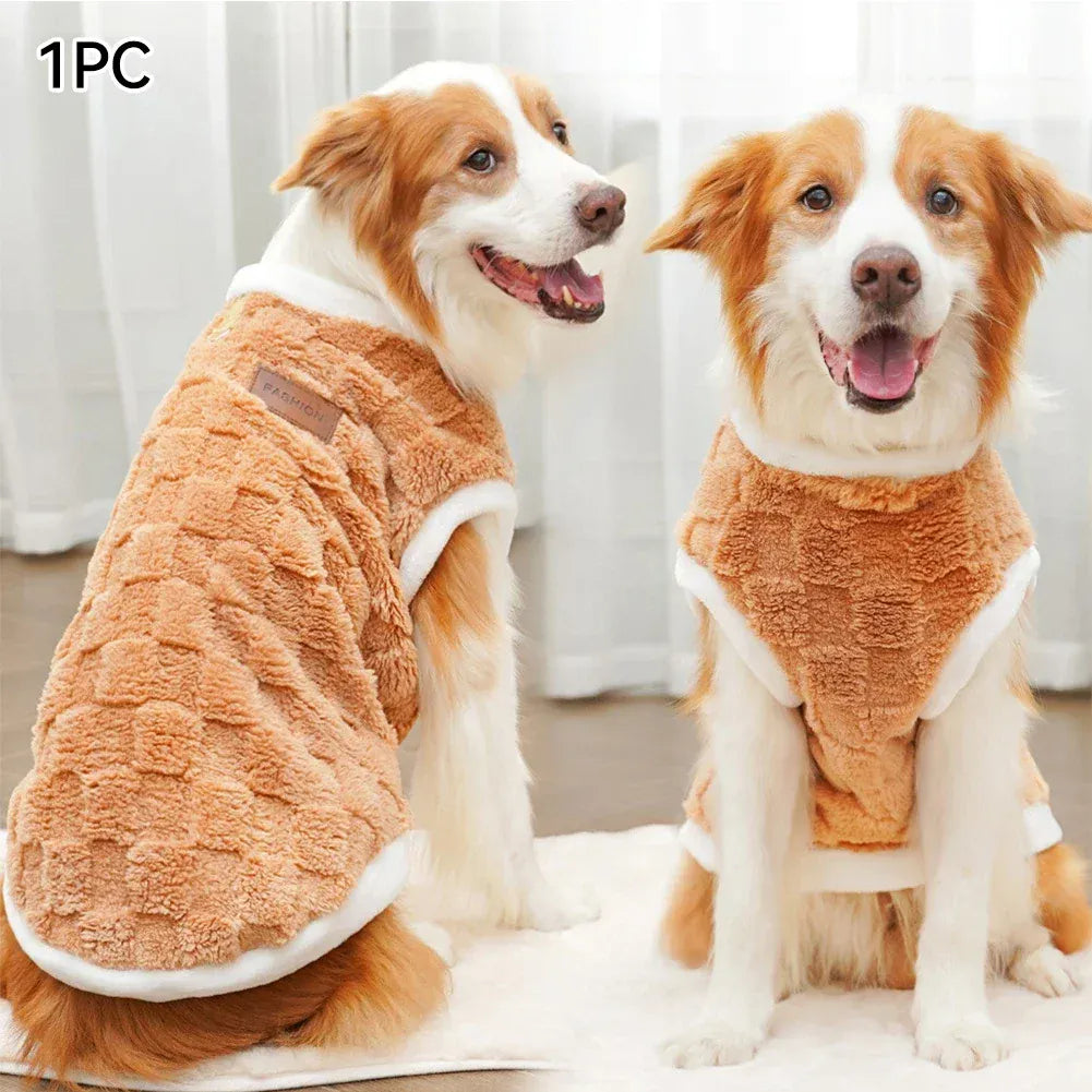 Flannel dog winter warm sweater on two happy dogs, showcasing cozy fit and warm material for chilly days.