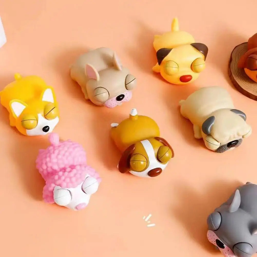 Cute Puppy Dog Doll Decompression Toy collection of colorful squishy puppy dolls arranged on a peach background.