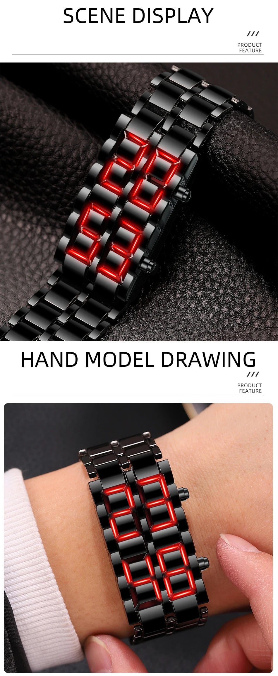 Fashion Mens Digital Lava Wrist Watch Men Black Full Metal Red Blue LED Display Watches