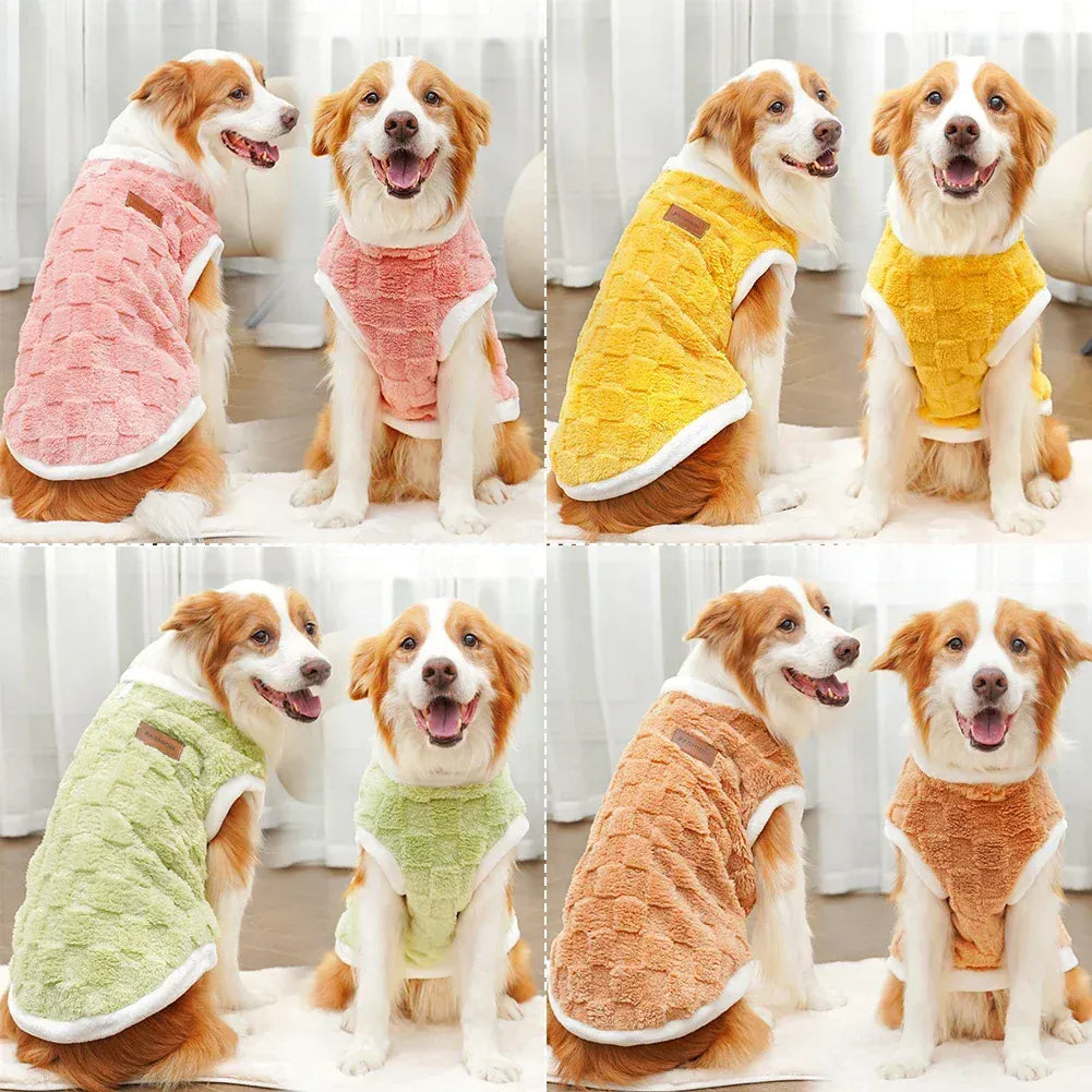 Two Golden Retrievers wearing flannel dog winter warm sweater in various colors, perfect for keeping pets warm and stylish.