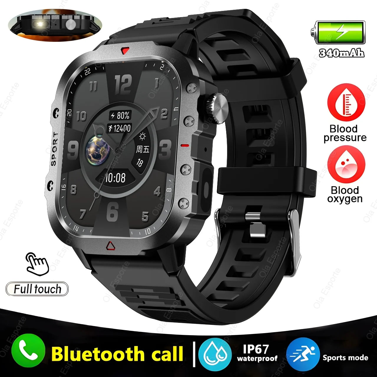 New For Huawei Xiaomi Military GPS Smart Watch Men Flashlight Compass Waterproof