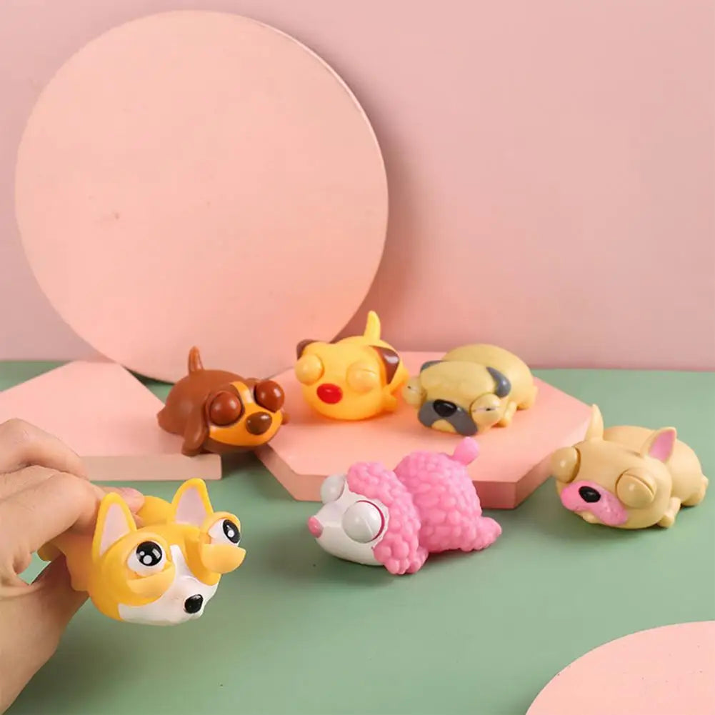 Cute Puppy Dog Doll Decompression Toy collection, featuring colorful puppy-shaped fidget toys on a pastel background.