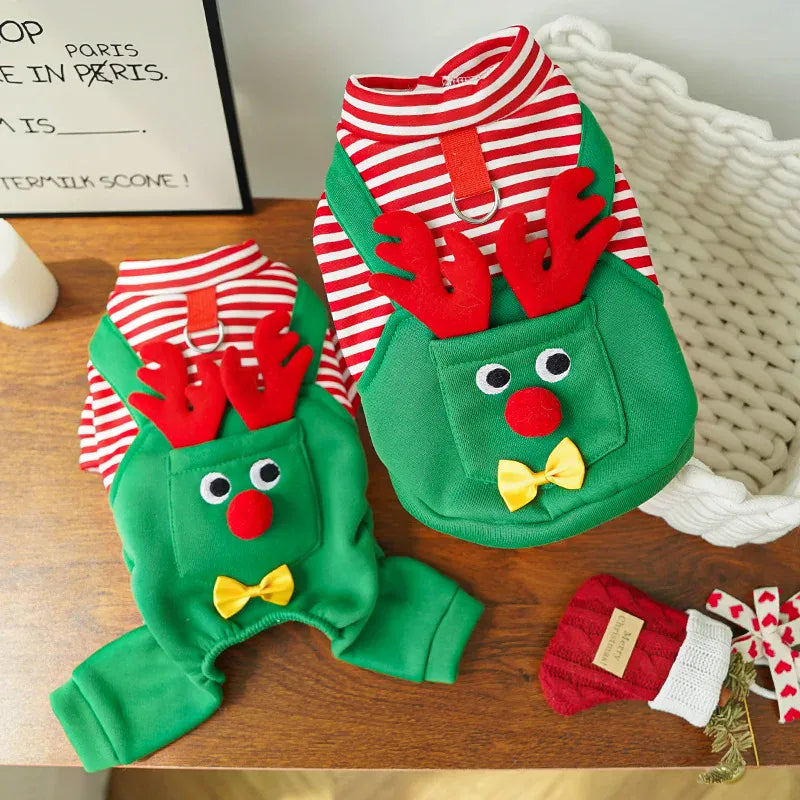 Christmas pet costume for cats featuring a festive reindeer design with red antlers and a green outfit.