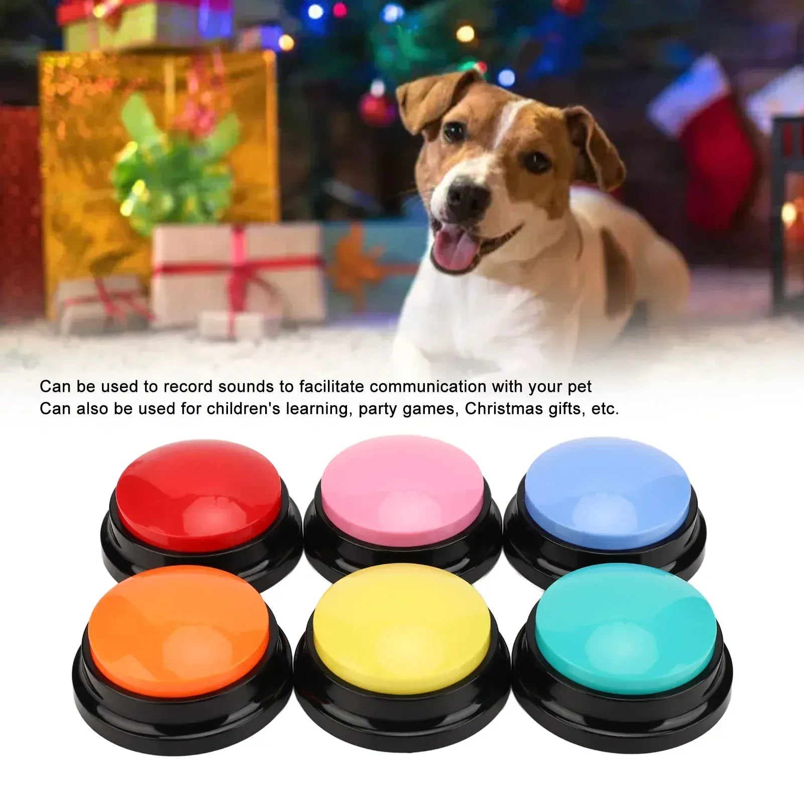 Dog record button talking buttons in vibrant colors for pet communication and interactive learning activities.