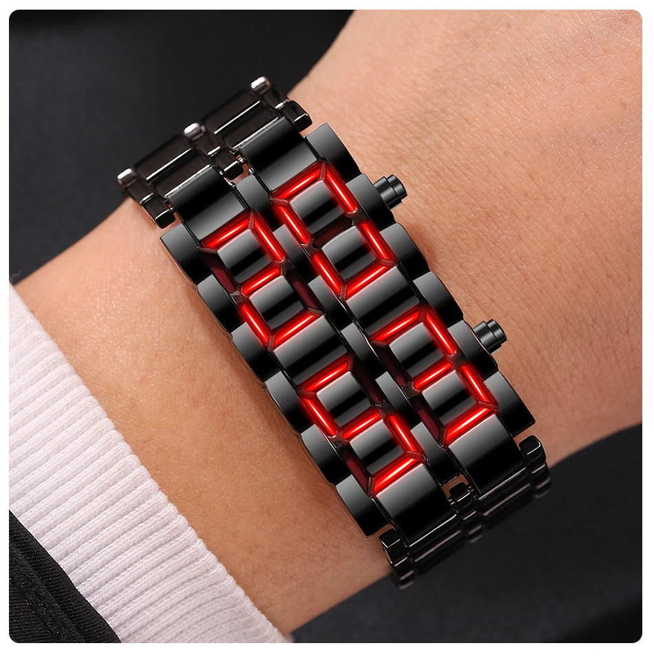 Fashion Mens Digital Lava Wrist Watch Men Black Full Metal Red Blue LED Display Watches