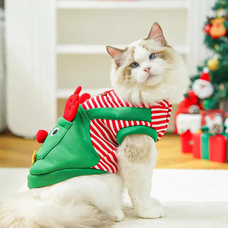 Christmas pet costume for cats featuring a fluffy white cat in a festive outfit with red and green design.