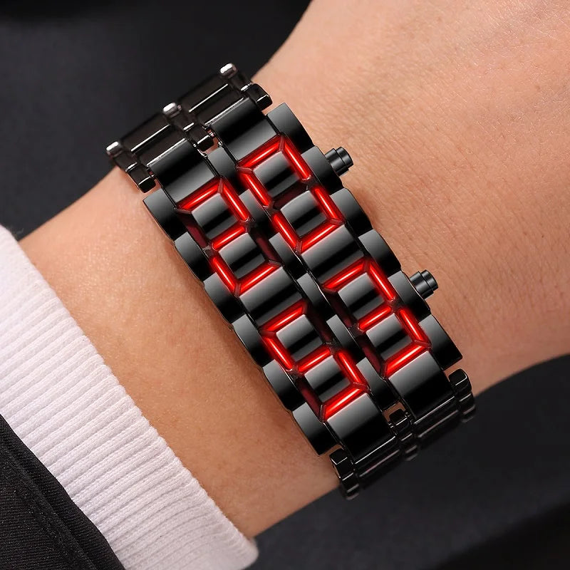 Fashion Mens Digital Lava Wrist Watch Men Black Full Metal Red Blue LED Display Watches