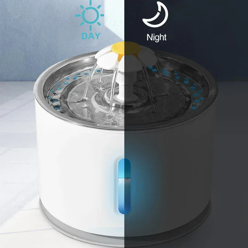 automatic pet water fountain LED showing day and night modes with adjustable water flow.