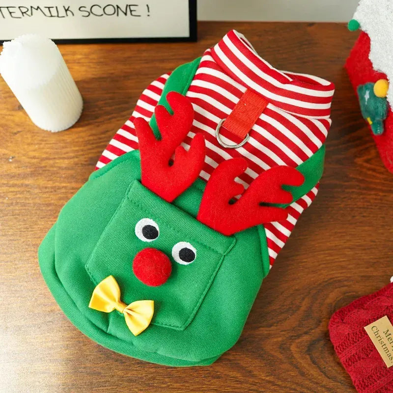 Christmas pet costume for cats featuring a reindeer design with red antlers and green overalls.