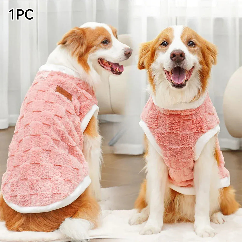 flannel dog winter warm sweater on two happy dogs posing together in a cozy indoor setting.