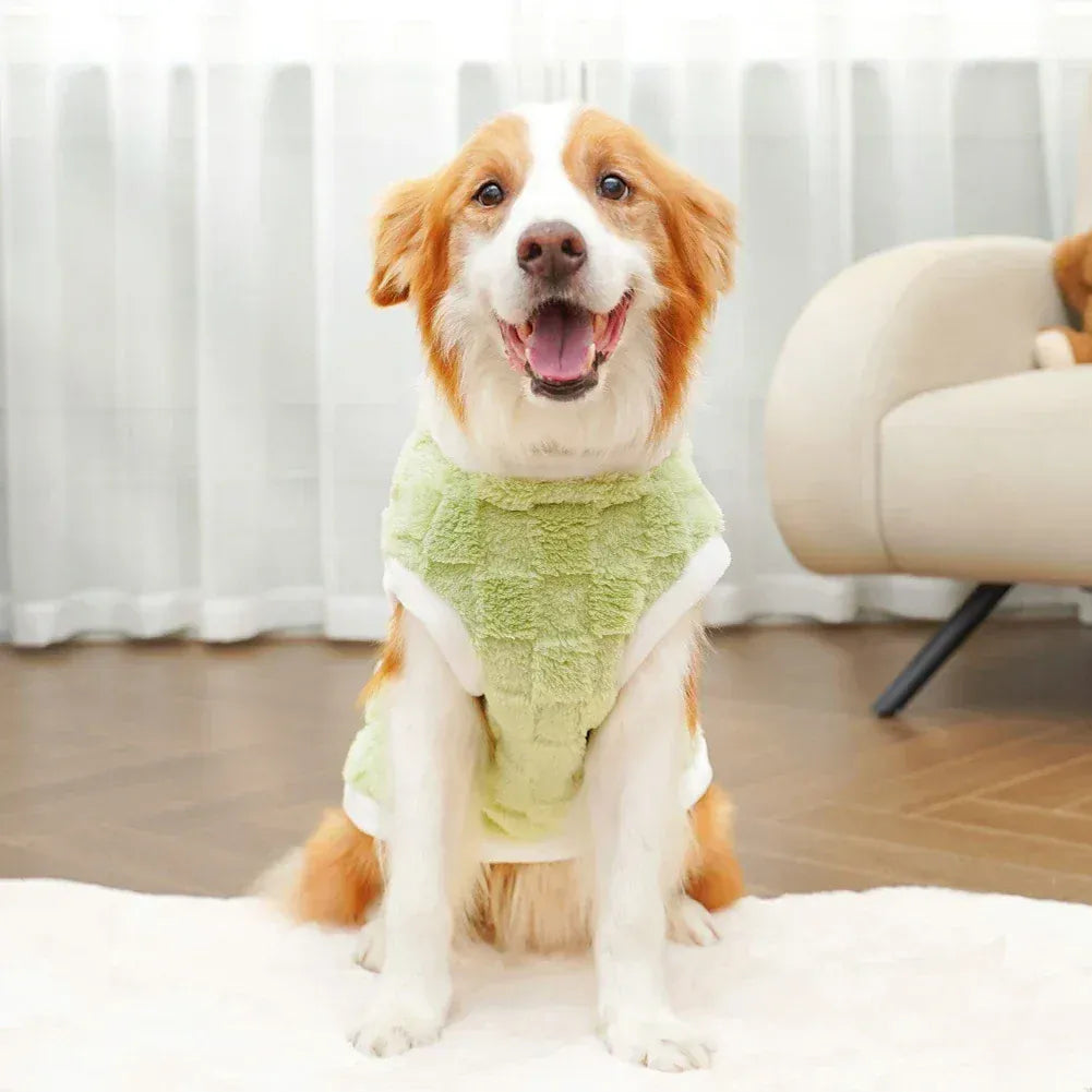 flannel dog winter warm sweater on a happy dog with a cozy green design, perfect for chilly days and stylish outings.